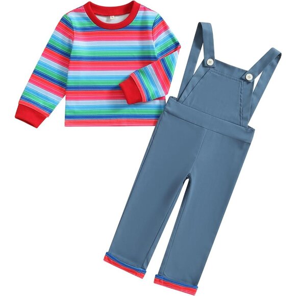 Halloween Chucky Boy Costume Long Sleeve Striped Top Blue Jumpsuit Cosplay Set - Picture 1 of 6